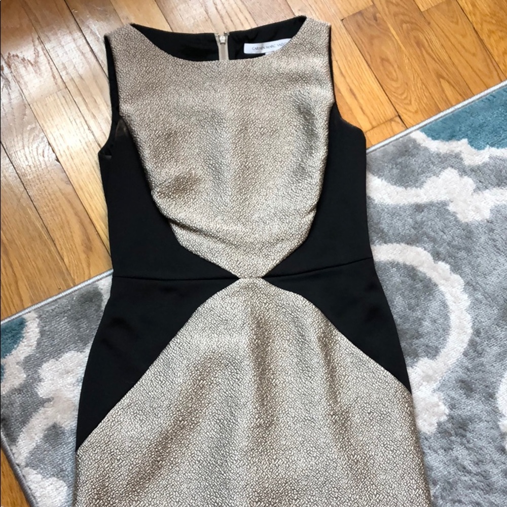 Carmen Marc Valvo Black and Gold Metallic Paneled Midi Dress